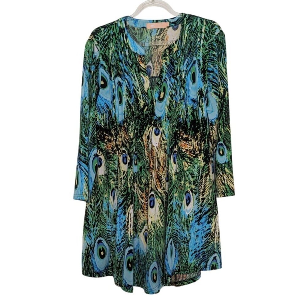 La Cera Peacock Tunic Womens Size Medium Blue Pleat Front Stretch Pullover